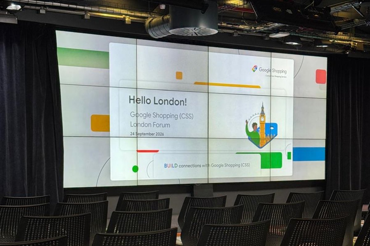 Google Shopping CSS London Forum 2026 welcome screen on stage, 24 September 2026