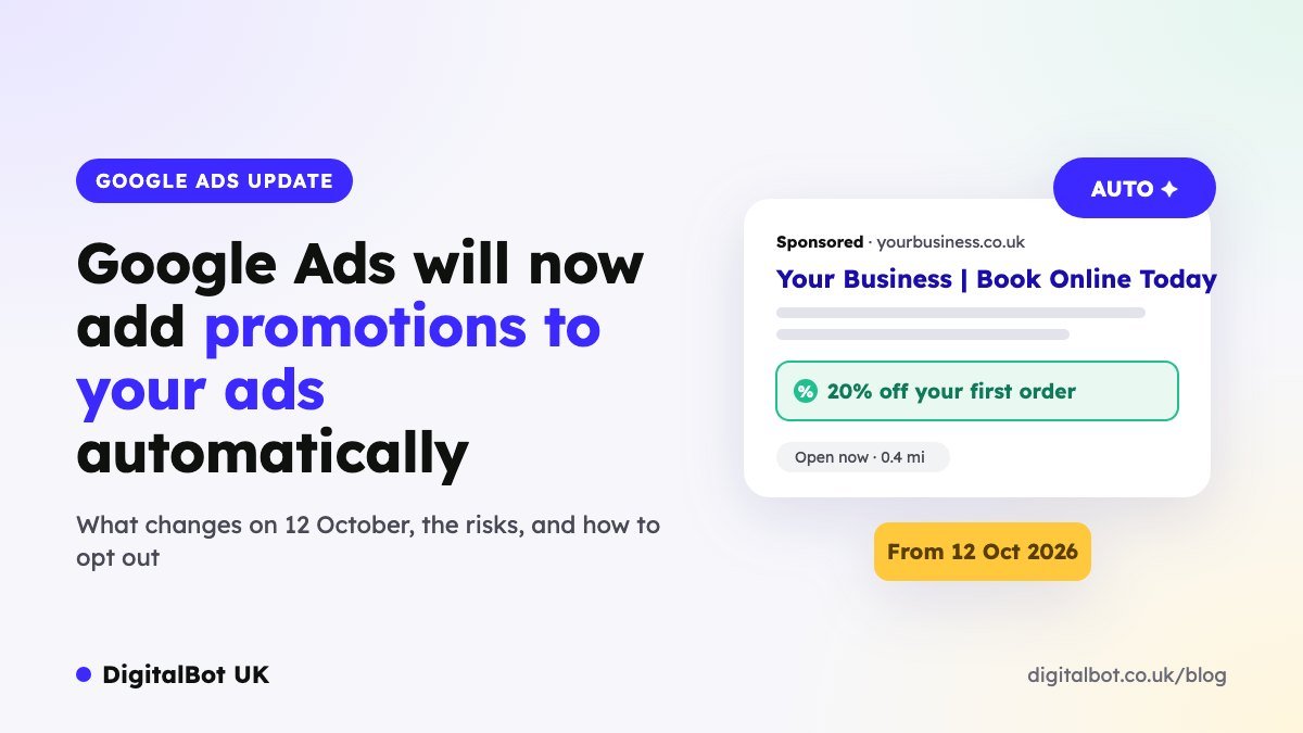 Google Ads automated promotions from 12 October 2026 - promotion asset shown on a search ad